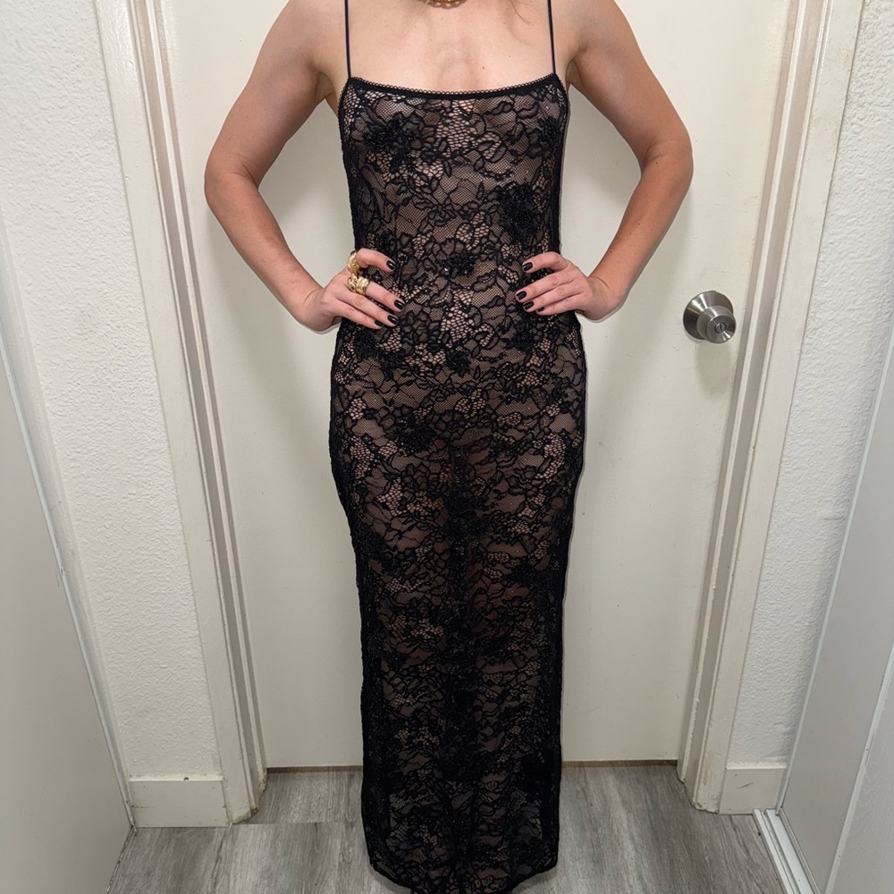 All Saints Black Lace Slip Maxi Dress